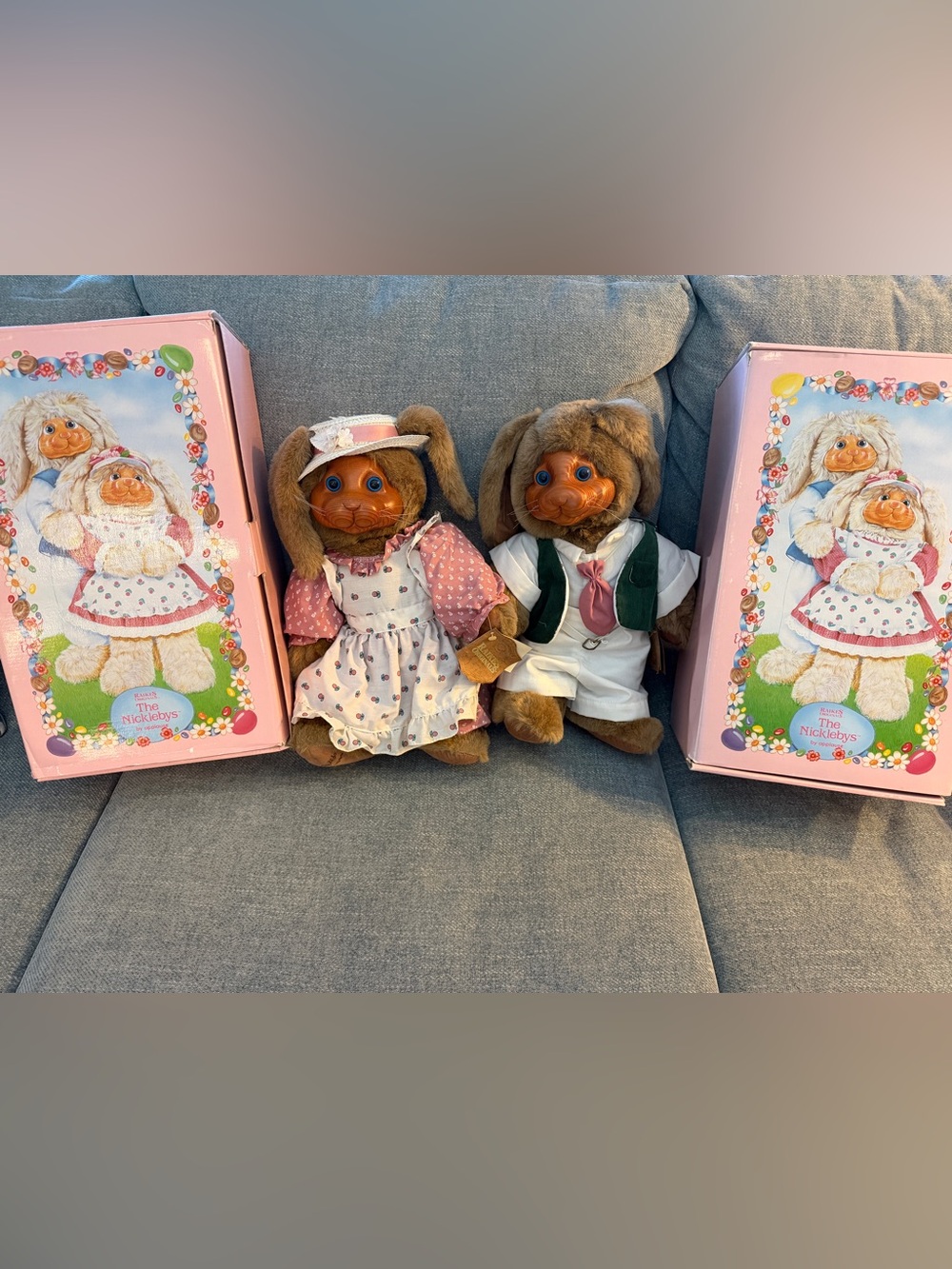 Vintage 1989 Robert Raikes Mr & Mrs Nickleby Easter Bunny Pair Boxes COA